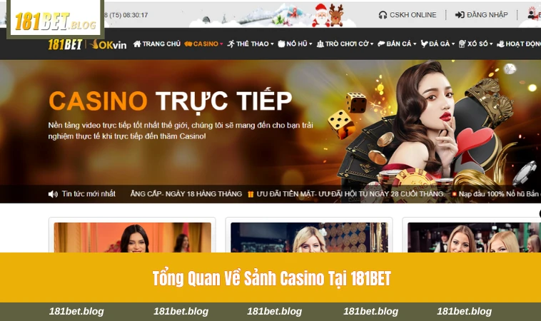 Giao diện tổng quan sảnh casino trực tuyến với dealer thật