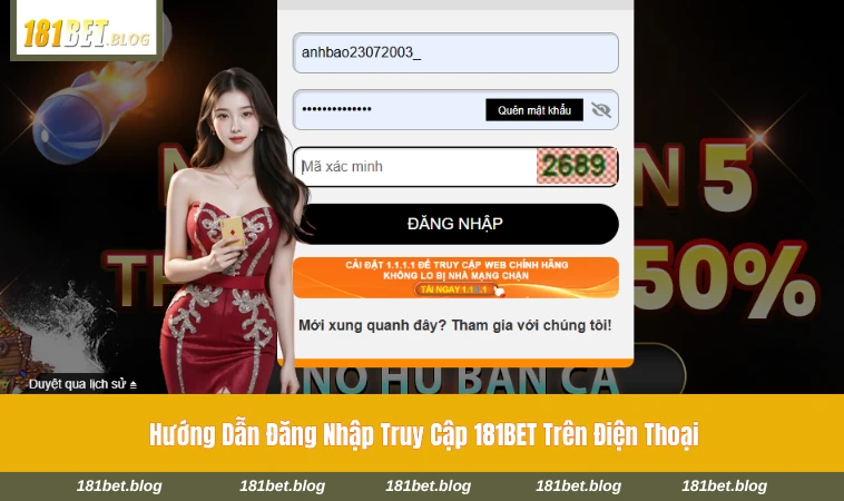 Giao diện đăng nhập truy cập vào 181BET trên điện thoại thông minh