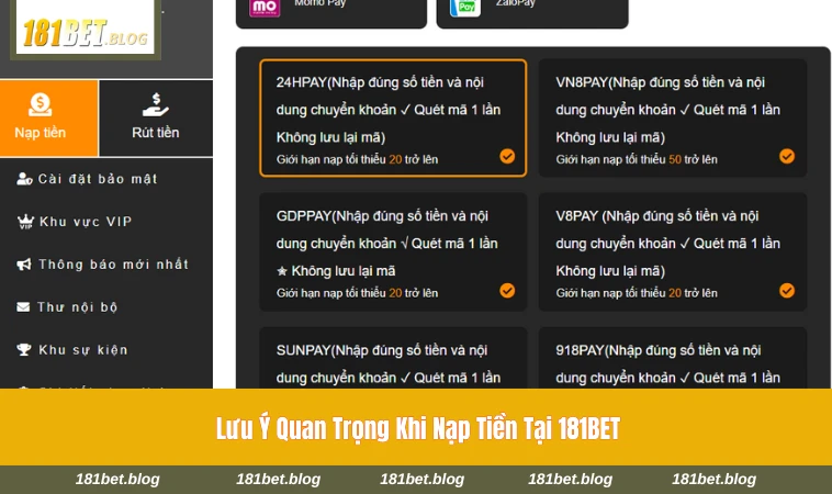 Cảnh báo người chơi chỉ nạp tiền qua kênh chính thức của 181BET