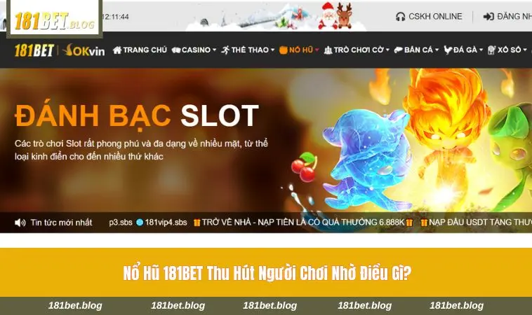 Giao diện slot game rực rỡ tại 181BET 